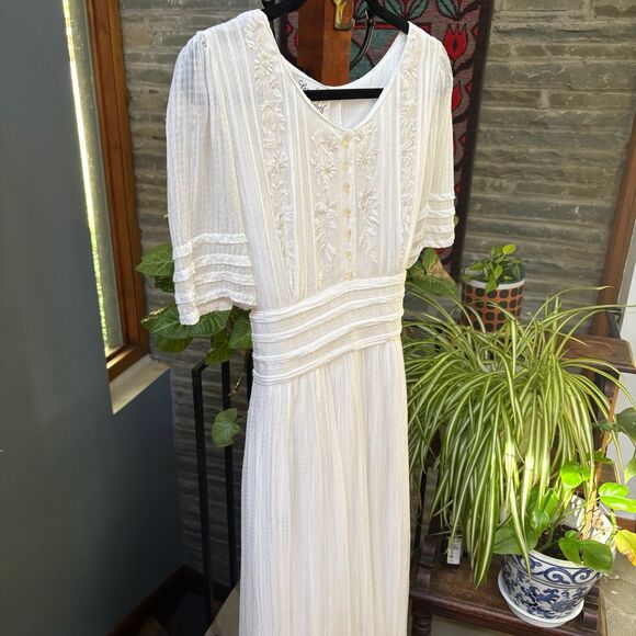 80s Vintage Sarah Elizabeth White Embroidered Floral Prairie Dress size 10 - Picture 7 of 12